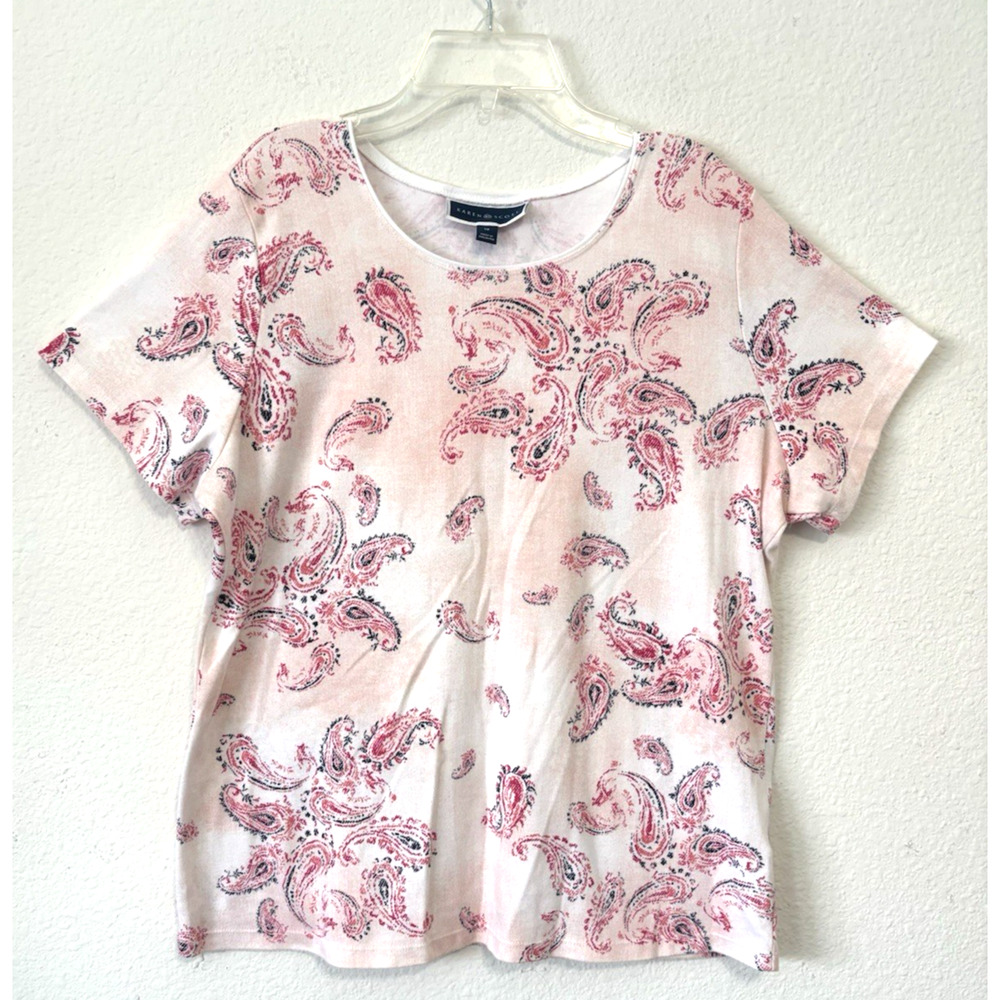 Karen Scott T Shirt Paisley Print Boho Cottagecore Casual Pink Red White 1X‎